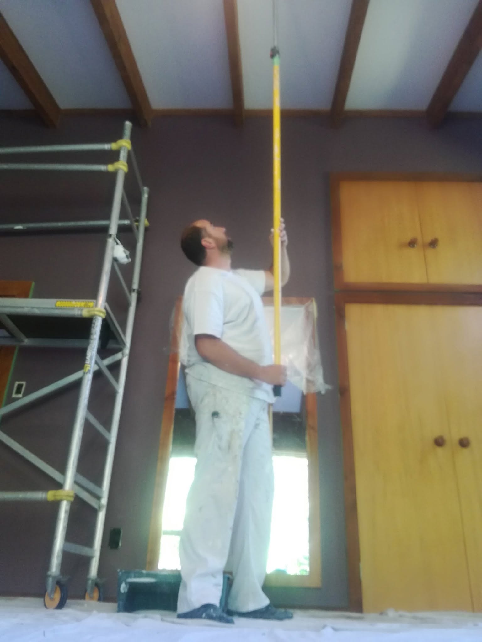 Vaulted room with purple walls being painted, scaffold and extension pole