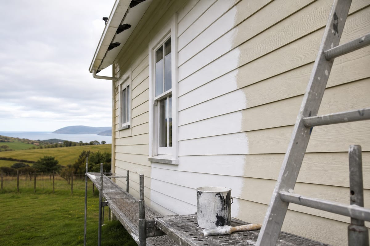 Exterior weatherboards mid-paint